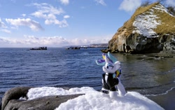 Size: 2048x1283 | Tagged: safe, imported from derpibooru, photographer:pakapaka1993, rarity, pony, unicorn, alternate hairstyle, irl, japan, ocean, photo, plushie, punk, raripunk, rock, snow, solo, water