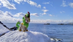 Size: 2048x1186 | Tagged: safe, imported from derpibooru, photographer:pakapaka1993, spring glow, kirin, pony, irl, japan, ocean, photo, plushie, rock, snow, solo, water