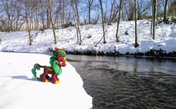 Size: 2048x1270 | Tagged: safe, imported from derpibooru, photographer:pakapaka1993, cinder glow, summer flare, kirin, pony, irl, japan, photo, plushie, river, snow, solo, tree, water, winter