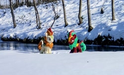 Size: 2048x1249 | Tagged: safe, imported from derpibooru, photographer:pakapaka1993, autumn blaze, cinder glow, summer flare, kirin, pony, duo, irl, japan, photo, plushie, river, snow, tree, water, winter