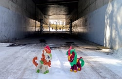 Size: 2048x1333 | Tagged: safe, imported from derpibooru, photographer:pakapaka1993, autumn blaze, cinder glow, summer flare, kirin, pony, corridor, duo, gate, irl, japan, photo, plushie, snow, tunnel