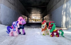 Size: 2048x1302 | Tagged: safe, imported from derpibooru, photographer:pakapaka1993, autumn blaze, cinder glow, starlight glimmer, summer flare, tempest shadow, kirin, pony, unicorn, corridor, gate, irl, japan, photo, plushie, snow, tunnel