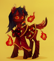 Size: 965x1080 | Tagged: safe, artist:miioko, imported from derpibooru, oc, oc only, pony, clothes, fire, horns, mask, simple background, solo, yellow background