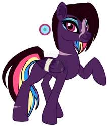 Size: 1255x1485 | Tagged: safe, artist:teonnakatztkgs, imported from derpibooru, oc, oc only, pegasus, pony, base used, magical lesbian spawn, makeup, multicolored hair, offspring, parent:rainbow dash, parent:tempest shadow, pegasus oc, rainbow hair, raised hoof, scar, simple background, smiling, solo, white background, wings