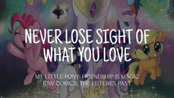Size: 1280x720 | Tagged: safe, edit, editor:quoterific, idw, imported from derpibooru, applejack, fluttershy, pinkie pie, princess celestia, rainbow dash, rarity, twilight sparkle, alicorn, earth pony, pegasus, pony, unicorn, eyes closed, female, filly, filly applejack, filly fluttershy, filly pinkie pie, filly rainbow dash, filly rarity, filly twilight sparkle, flying, grin, mane six, mare, offscreen character, open mouth, open smile, smiling, text, the futures past, younger