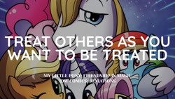 Size: 1280x720 | Tagged: safe, edit, editor:quoterific, idw, imported from derpibooru, applejack, fluttershy, pinkie pie, prince blueblood, rainbow dash, rarity, earth pony, pegasus, pony, unicorn, applejack's hat, cowboy hat, deviations, eyes closed, female, grin, hat, hug, male, mare, one eye closed, smiling, stallion, text