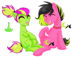 Size: 2738x2190 | Tagged: safe, artist:kaikururu, imported from derpibooru, oc, oc only, earth pony, pony, choker, duo, earth pony oc, female, laughing, male, mare, neon, nose piercing, nose ring, open mouth, piercing, simple background, sitting, smiling, spiked choker, stallion, tongue piercing, transparent background