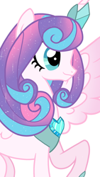 Size: 1080x1920 | Tagged: safe, artist:sallyso, imported from derpibooru, princess flurry heart, pony, ethereal mane, eyelashes, female, mare, older, older flurry heart, peytral, raised hoof, simple background, smiling, starry mane, white background