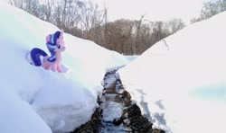 Size: 2048x1210 | Tagged: safe, imported from derpibooru, photographer:pakapaka1993, starlight glimmer, pony, unicorn, irl, japan, photo, plushie, river, snow, solo, tree, water, winter