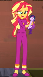 Size: 1080x1920 | Tagged: safe, artist:gamerpen, imported from derpibooru, sunset shimmer, twilight sparkle, equestria girls, annoyed, art trade, clothes, deviantart, duo, micro, open mouth, pajamas, pants, patreon, sleepwear, slippers, url