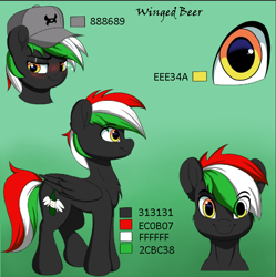 Size: 656x658 | Tagged: safe, artist:joaothejohn, imported from derpibooru, oc, oc only, oc:winged beer, pegasus, pony, cap, drunk, hat, lidded eyes, looking at you, pegasus oc, reference sheet, solo, wings