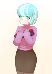 Size: 2508x3541 | Tagged: safe, artist:sigpi, imported from derpibooru, coco pommel, anthro, earth pony, clothes, fabric, female, high res, human facial structure, looking at you, smiling, solo, sweater