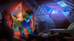 Size: 3000x1688 | Tagged: safe, artist:redchetgreen, imported from derpibooru, oc, oc only, oc:lightning weather, pegasus, pony, armor, barrel, bed, candle, letter, male, night, pillow, scroll, solo, stallion, sword, tent, weapon