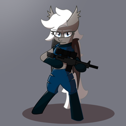 Size: 1080x1080 | Tagged: safe, artist:deltarainrum, imported from derpibooru, oc, oc only, oc:moonbeam, bat pony, bat pony oc, clothes, gun, looking at you, weapon