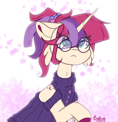 Size: 1553x1601 | Tagged: safe, artist:tizhonolulu, imported from derpibooru, moondancer, pony, unicorn, alternate design, alternate hairstyle, clothes, female, floppy ears, glasses, mare, petals, ponytail, solo, sweater