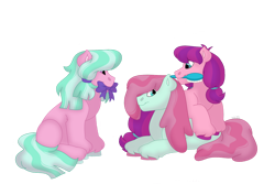 Size: 1280x854 | Tagged: safe, artist:itstechtock, imported from derpibooru, bubblegum brush, lily longsocks, sugar stix, oc, pony, female, filly, foal, lying down, prone, simple background, transparent background