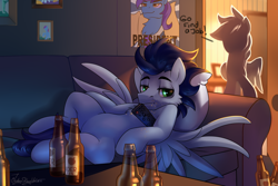 Size: 3000x2000 | Tagged: safe, artist:jedayskayvoker, imported from derpibooru, soarin', oc, oc:sea wave, pegasus, pony, alcohol, bottle, canon x oc, cider, eyebrows, facial hair, male, messy, messy mane, pegasus oc, raised eyebrows, spread wings, text, wings, wonderbolts