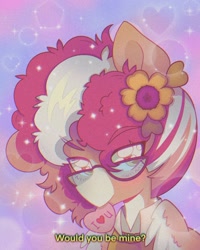 Size: 1638x2048 | Tagged: safe, artist:pierogarts, imported from derpibooru, oc, oc only, pegasus, pony, 90s anime, flower, flower in hair, glasses, holiday, mouth hold, solo, valentine's day