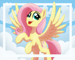 Size: 2560x2048 | Tagged: safe, artist:whitequartztheartist, imported from derpibooru, fluttershy, pegasus, pony, cloud, cute, female, happy, high res, hooves, mare, open mouth, open smile, out of frame, shading, shyabetes, sky, smiling, solo, spread wings, wings