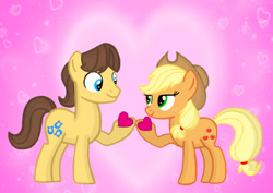 Size: 1280x908 | Tagged: safe, artist:mlplary6, imported from derpibooru, applejack, caramel, earth pony, pony, carajack, female, heart, holiday, looking at each other, male, shipping, smiling, smiling at each other, straight, valentine's day, valentine's day card