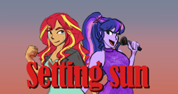 Size: 2367x1246 | Tagged: safe, artist:elisdoominika, imported from derpibooru, sci-twi, sunset shimmer, twilight sparkle, equestria girls, clothes, crying, dress, female, fist, lesbian, looking at each other, looking at someone, microphone, ponytail, scitwishimmer, shipping, smiling, smiling at each other, sunset, sunsetsparkle, sunshine shimmer