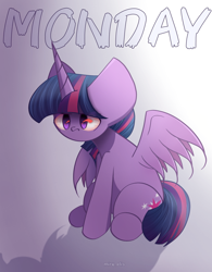 Size: 1600x2050 | Tagged: safe, artist:miryelis, imported from derpibooru, twilight sparkle, alicorn, pony, bloodshot eyes, monday, simple background, solo, twilight sparkle (alicorn)