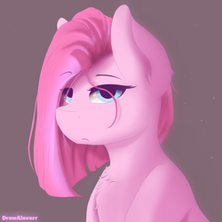 Size: 2000x2000 | Tagged: safe, artist:drawalaverr, imported from derpibooru, pinkie pie, earth pony, pony, annoyed, bust, eye clipping through hair, fanart, female, looking at you, mare, offscreen character, pinkamena diane pie, portrait, quadrupedal, serious, serious face, simple background, solo