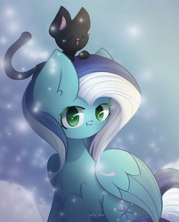 Size: 1850x2300 | Tagged: safe, artist:miryelis, imported from derpibooru, oc, cat, pegasus, pony, commission, cute, ear fluff, green eyes, long mane, looking at you, simple background, snow, snowfall