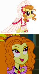 Size: 266x495 | Tagged: safe, idw, imported from derpibooru, screencap, adagio dazzle, ginger gold (idw), earth pony, pony, equestria girls, rainbow rocks, clothes, cropped, dress, female, gameloft, gem, idw showified, mare, shoes, simple background, siren gem, smiling, spiked headband, wedding dress