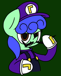 Size: 1954x2420 | Tagged: safe, artist:derpyalex2, imported from derpibooru, oc, oc only, oc:blurie grape, pegasus, pony, clothes, cosplay, costume, gloves, hat, overalls, smug, solo, super mario bros., waluigi, waluigi's hat