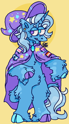 Size: 524x930 | Tagged: safe, artist:uppypups, imported from derpibooru, trixie, semi-anthro, unicorn, alternate design, cape, clothes, cloven hooves, colored hooves, ear piercing, earring, female, fluffy, gender headcanon, hat, headcanon, heterochromia, jewelry, leonine tail, lesbian pride flag, lgbt headcanon, piercing, pride, pride flag, sexuality headcanon, simple background, snaggletooth, tail, trans female, trans trixie, transgender, transgender pride flag, trixie's cape, trixie's hat, yellow background