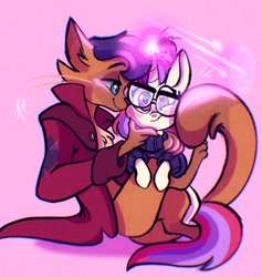 Size: 1583x1668 | Tagged: safe, artist:carouselunique, imported from derpibooru, capper dapperpaws, moondancer, abyssinian, anthro, pony, unicorn, blushing, capperdancer, chest fluff, clothes, coat, crack shipping, februpony, female, glasses, glowing, glowing horn, heart eyes, horn, interspecies, magic, male, mare, nuzzling, pink background, shipping, simple background, straight, sweater, turtleneck, wingding eyes