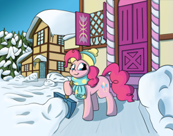 Size: 2016x1582 | Tagged: safe, artist:agent-diego, imported from derpibooru, pinkie pie, earth pony, pony, clothes, ponyville, scarf, snow, snow shovel, sugarcube corner, winter