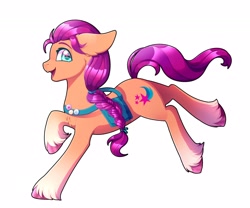 Size: 3012x2504 | Tagged: safe, artist:_ladybanshee_, imported from derpibooru, sunny starscout, earth pony, pony, chest fluff, ear fluff, fetlock tuft, full body, g5, happy, my little pony: a new generation, running, simple background, solo, unshorn fetlocks, white background