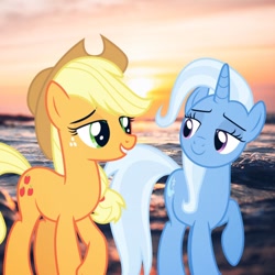 Size: 640x640 | Tagged: safe, artist:fruitypieq, imported from derpibooru, applejack, trixie, female, lesbian, shipping, tripplejack