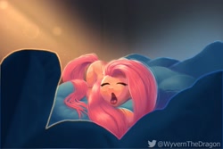 Size: 1619x1080 | Tagged: safe, artist:wyvernthedragon, imported from derpibooru, fluttershy, pegasus, pony, bed, crepuscular rays, cute, daaaaaaaaaaaw, eyes closed, female, lying, lying down, mare, open mouth, prone, shyabetes, sleeping, sleepy, solo, tongue out, uvula, volumetric mouth, yawn