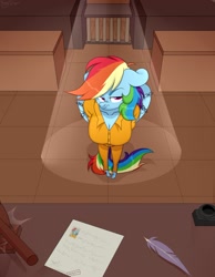 Size: 856x1103 | Tagged: safe, artist:shiny-dust, imported from derpibooru, rainbow dash, anthro, breasts, busty rainbow dash, cleavage, clothes, commission, commissioner:rainbowdash69, courtroom, frustrated, gavel, never doubt rainbowdash69's involvement, prison outfit, prisoner rd, rainbow dash is not amused, unamused