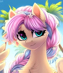 Size: 2500x2900 | Tagged: safe, artist:hakaina, imported from derpibooru, oc, oc only, pegasus, pony, chest fluff, flower, flower in hair, palm tree, solo, tree
