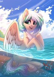 Size: 2500x3550 | Tagged: safe, artist:hakaina, imported from derpibooru, oc, oc only, pegasus, pony, bubble, caustics, chest fluff, cloud, colored ear fluff, colored ears, colored hooves, colored wings, concave belly, coral, ear fluff, looking at you, multicolored mane, ocean, open mouth, pale belly, pegasus oc, shallow water, sky, slim, solo, swimming, thin, tropical, tropical island, two toned wings, underwater, unshorn fetlocks, water, wings