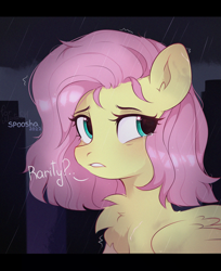 Size: 1964x2403 | Tagged: safe, artist:spoosha, imported from derpibooru, fluttershy, pegasus, pony, alternate hairstyle, bust, chest fluff, dialogue, female, mare, rain, short hair