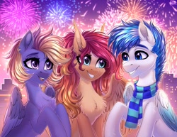 Size: 2048x1582 | Tagged: safe, artist:hakaina, imported from derpibooru, oc, oc only, oc:cosmic blaze, oc:nova rossi, oc:saphirblau, pegasus, pony, chest fluff, clothes, fireworks, fluffy, pale belly, scarf, slim, striped scarf