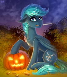 Size: 1775x2048 | Tagged: safe, artist:hakaina, imported from derpibooru, oc, oc only, bat pony, pony, chest fluff, concave belly, fluffy, halloween, holiday, jack-o-lantern, knife, lighting, mouth hold, pumpkin, slim, solo, thin