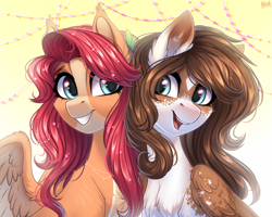 Size: 1920x1536 | Tagged: safe, artist:hakaina, imported from derpibooru, oc, oc only, oc:mabel, pegasus, pony, chest fluff, duo, ear fluff, female, mare, open mouth, open smile, smiling