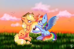 Size: 1353x895 | Tagged: safe, artist:galaxy swirl, imported from derpibooru, applejack, rainbow dash, earth pony, pegasus, pony, appledash, female, lesbian, marriage proposal, shipping, sunset