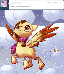 Size: 500x577 | Tagged: safe, artist:celadonlonghorn, imported from derpibooru, oc, oc:desert eagle, pegasus, pony, ask desert eagle, clothes, colored wings, female, mare, scarf, snow, solo, two toned wings, wings