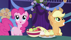 Size: 1920x1080 | Tagged: safe, imported from derpibooru, screencap, applejack, pinkie pie, rainbow dash, earth pony, pony, friendship is magic, season 1, :o, apple, biting, cupcake, duo, female, food, indoors, mare, o mouth, open mouth, ponyville town hall, raah!!!, tail, tail bite