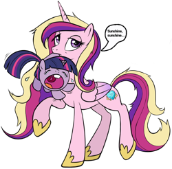 Size: 656x646 | Tagged: safe, artist:averagedraw, edit, editor:pagiepoppie12345, imported from derpibooru, princess cadance, twilight sparkle, alicorn, pony, unicorn, baby, baby pony, babylight sparkle, babysitting, cadance is not amused, crying, foal, jewelry, messy mane, mouth hold, regalia, scruff, simple background, speech bubble, sunshine sunshine, tantrum, tired, transparent background, unamused, unicorn twilight, younger