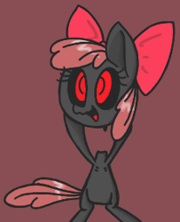 Size: 229x282 | Tagged: safe, imported from derpibooru, apple bloom, earth pony, undead, zombie, story of the blanks, blanked apple bloom, bow, creepypasta, female, filly, foal, hair bow, headless, holding head, smiling, zalgo