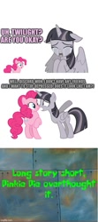 Size: 500x1125 | Tagged: safe, artist:wardex101, imported from derpibooru, pinkie pie, twilight sparkle, alicorn, pony, 3 panel comic, comic, crying, depressed, discorded, discorded twilight, paradox, sad, sorrow, spongebob squarepants, spongebob time card, twilight sparkle (alicorn), twilight tragedy