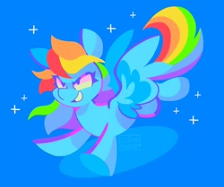 Size: 2048x1715 | Tagged: safe, artist:swirlseypop, imported from derpibooru, rainbow dash, pegasus, pony, blue background, female, lineless, mare, simple background, smiling, solo, sparkles, spread wings, wings